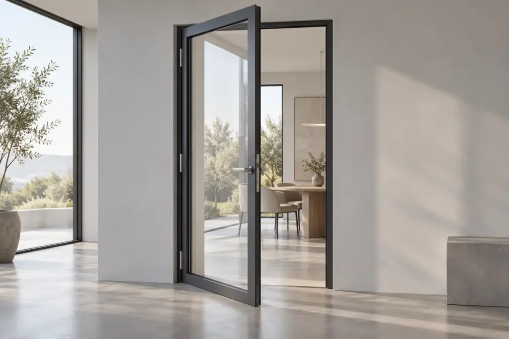 Minh họa cửa nhôm mở quay Maxpro với cánh mở theo bản lề.
