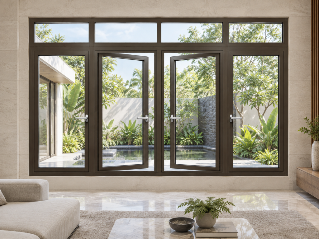 Ứng dụng cửa sổ mở quay R55 4 cánh ra không gian hồ cá
