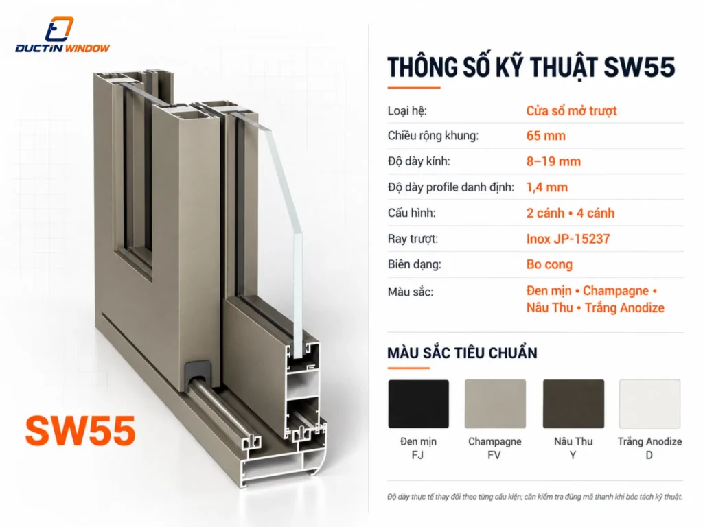 Thông số kỹ thuật cửa sổ mở trượt Maxpro SW55