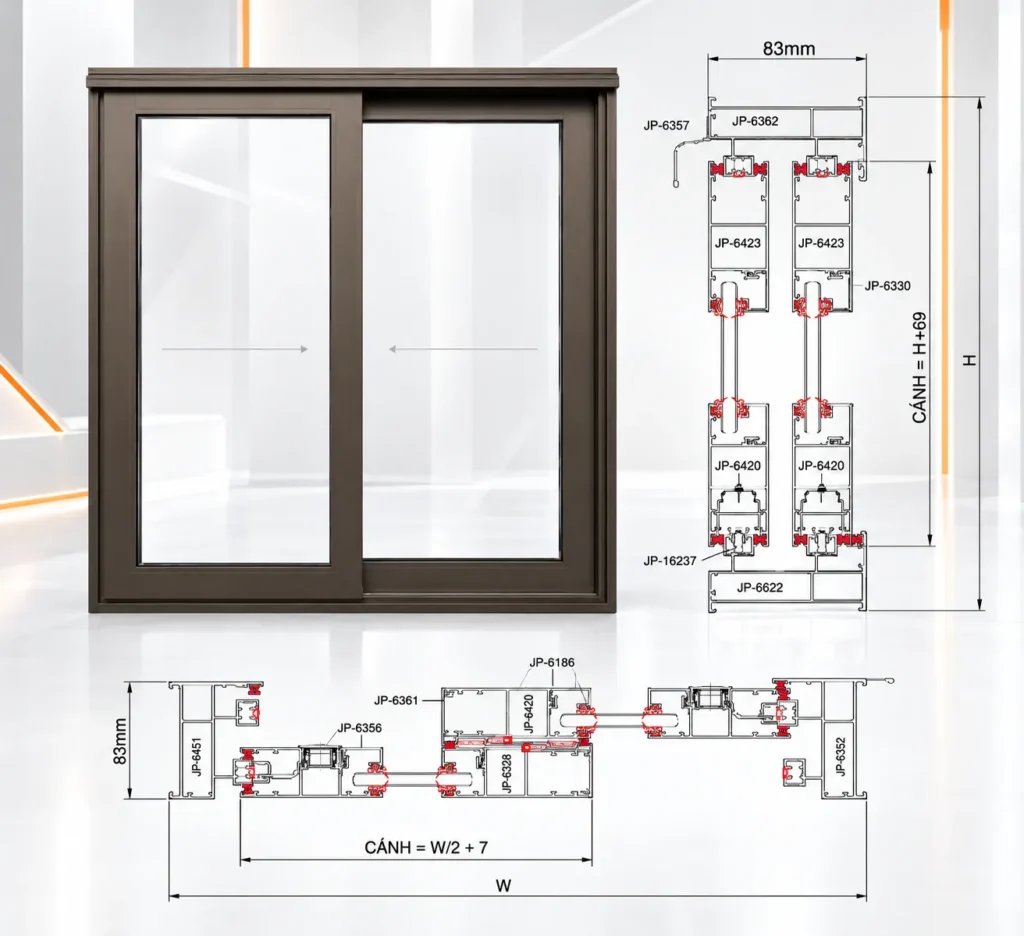 Bản vẽ kỹ thuật cửa sổ lùa Maxpro SW83 2 cánh và mặt cắt hệ nhôm