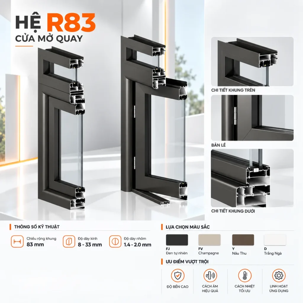 Cửa mở quay hệ R83 với thông số kỹ thuật và màu sắc