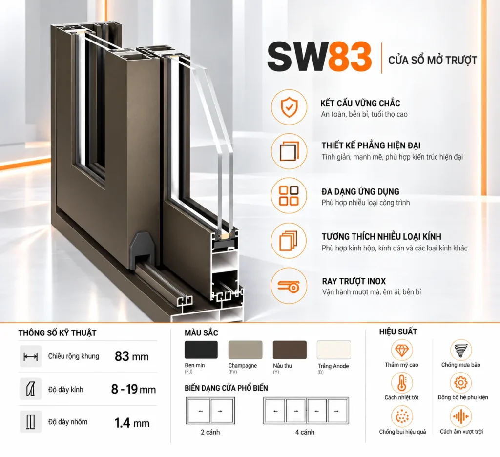 Cửa sổ mở trượt Maxpro SW83 với thông số kỹ thuật, màu sắc và cấu hình cửa