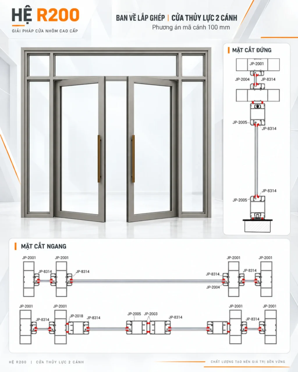 Bản vẽ lắp ghép cửa thủy lực hệ R200 - 2 cánh mã cánh 100 mm