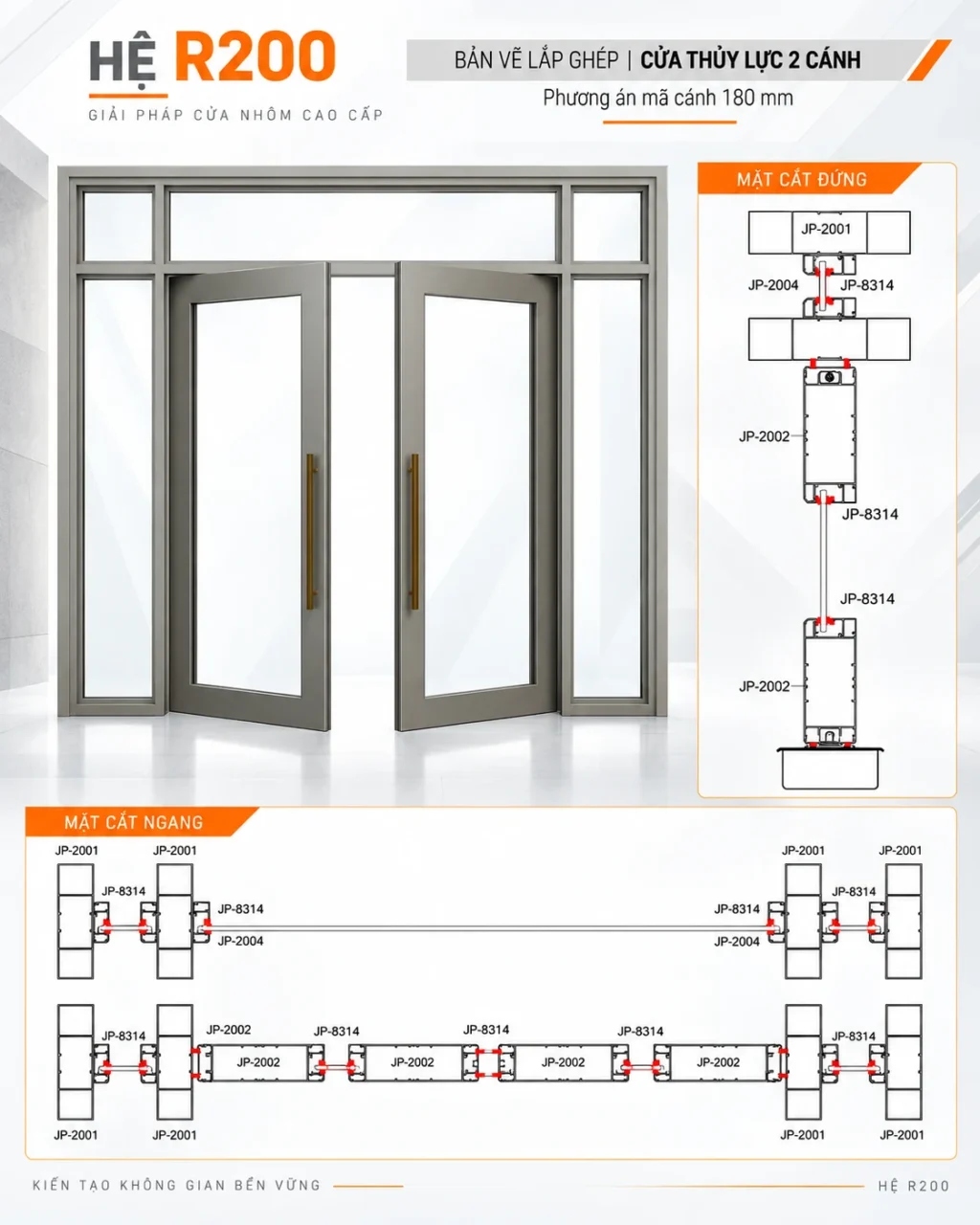 Bản vẽ lắp ghép cửa thủy lực hệ R200 - 2 cánh mã cánh 180 mm