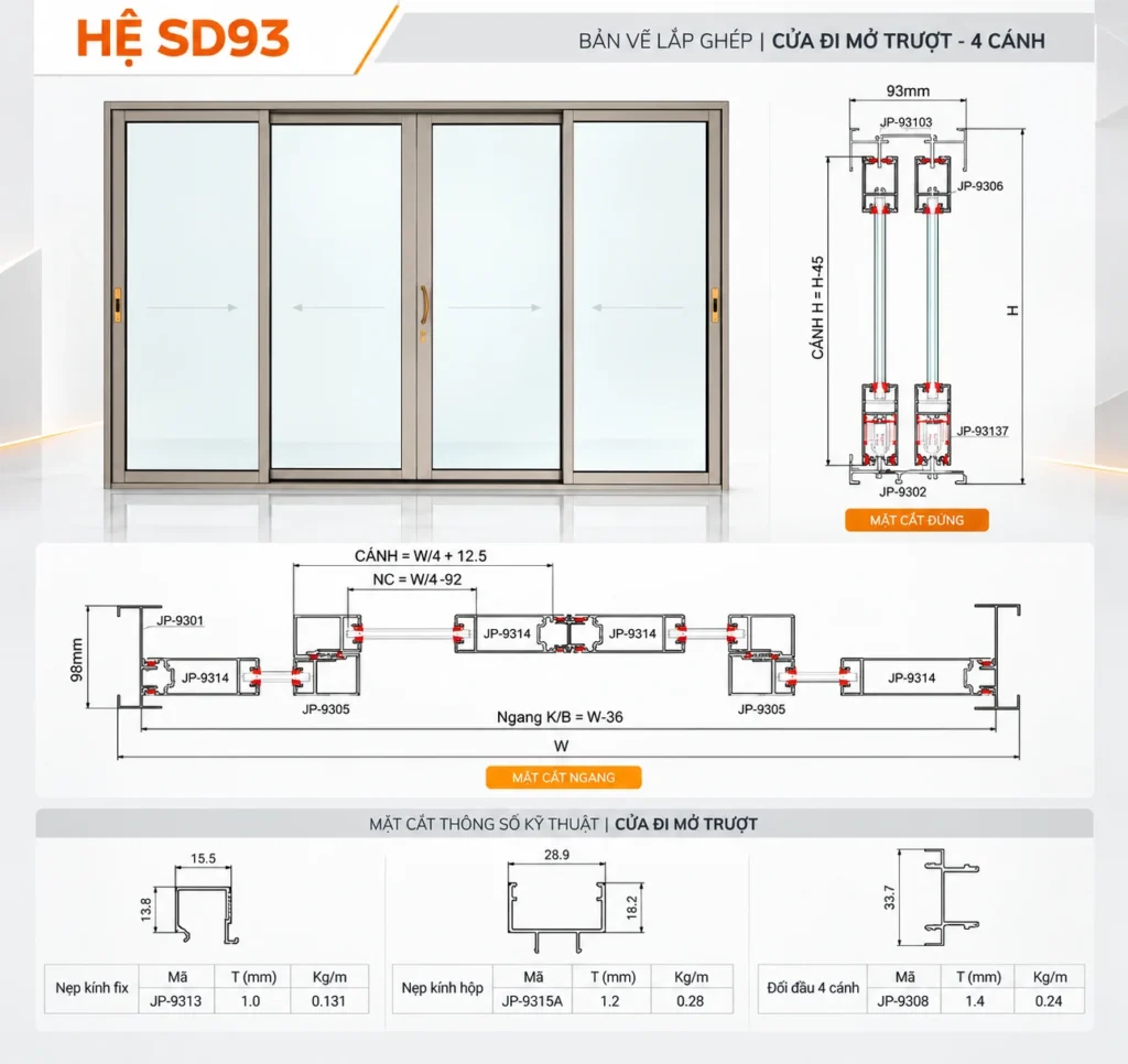 Bản vẻ lắp ghép 4 cánh cửa đi Maxpro SD93