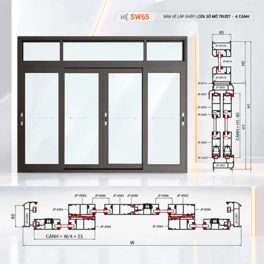 Bản vẽ kỹ thuật cửa nhôm Maxpro SW65 4 cánh