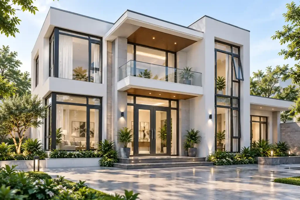 Cửa đi - cửa sổ mở quay hệ R65 màu đen trong không gian biệt thự hiện đại