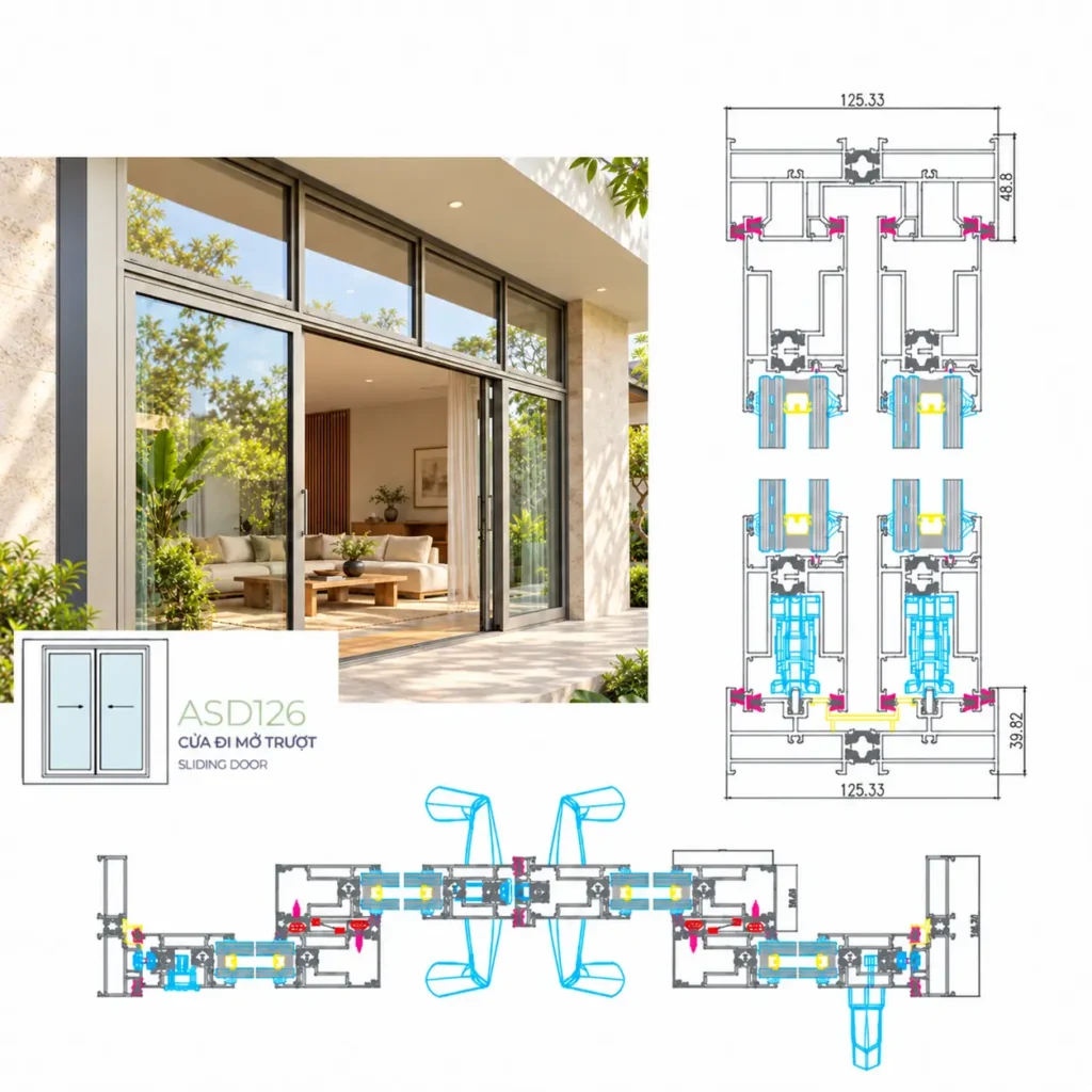 Cửa nhôm Alvero ASD126 và bản vẽ mặt cắt kỹ thuật