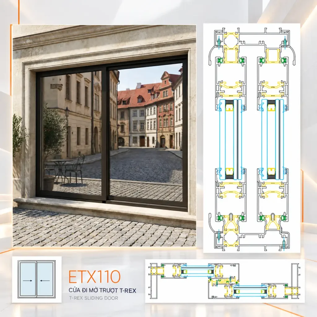 Cửa đi mở trượt Alvero ETX110 và bản vẽ mặt cắt kỹ thuật