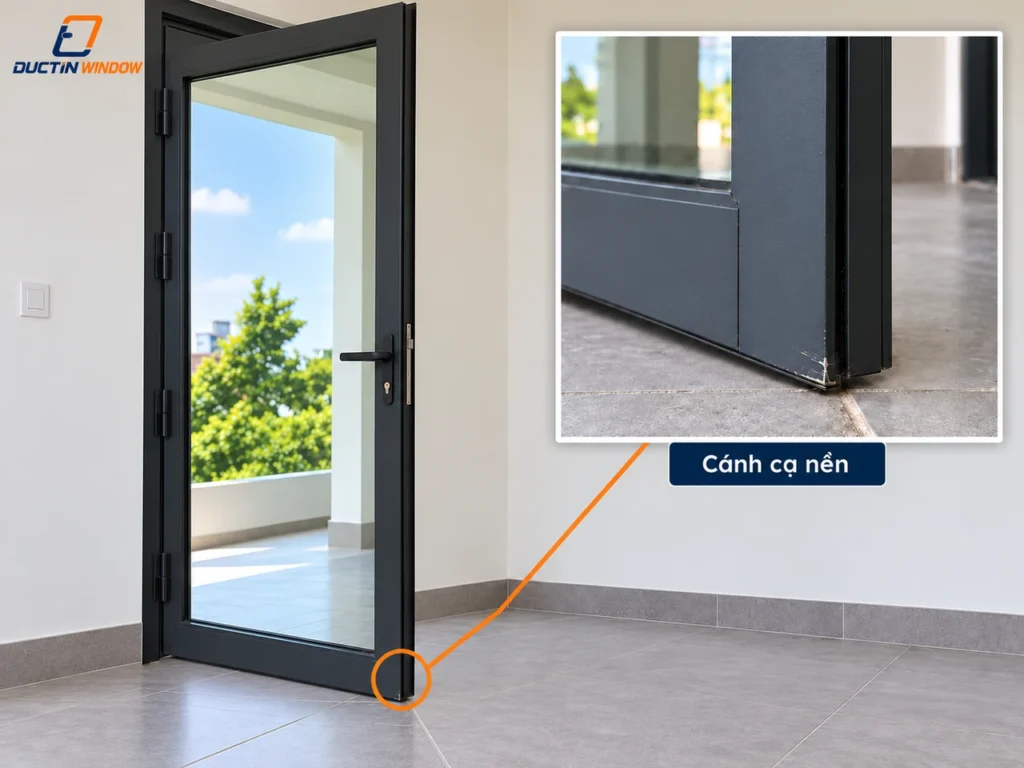 Ảnh minh họa: Lỗi lắp đặt cửa nhôm kính: góc dưới cánh cửa đi mở quay cạ nền