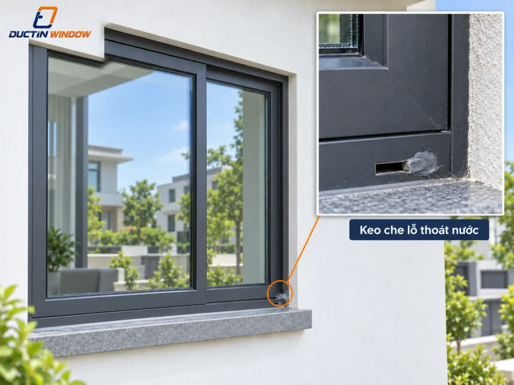 Ảnh minh họa: Lỗi lắp đặt cửa nhôm kính: keo che một phần lỗ thoát nước cửa sổ