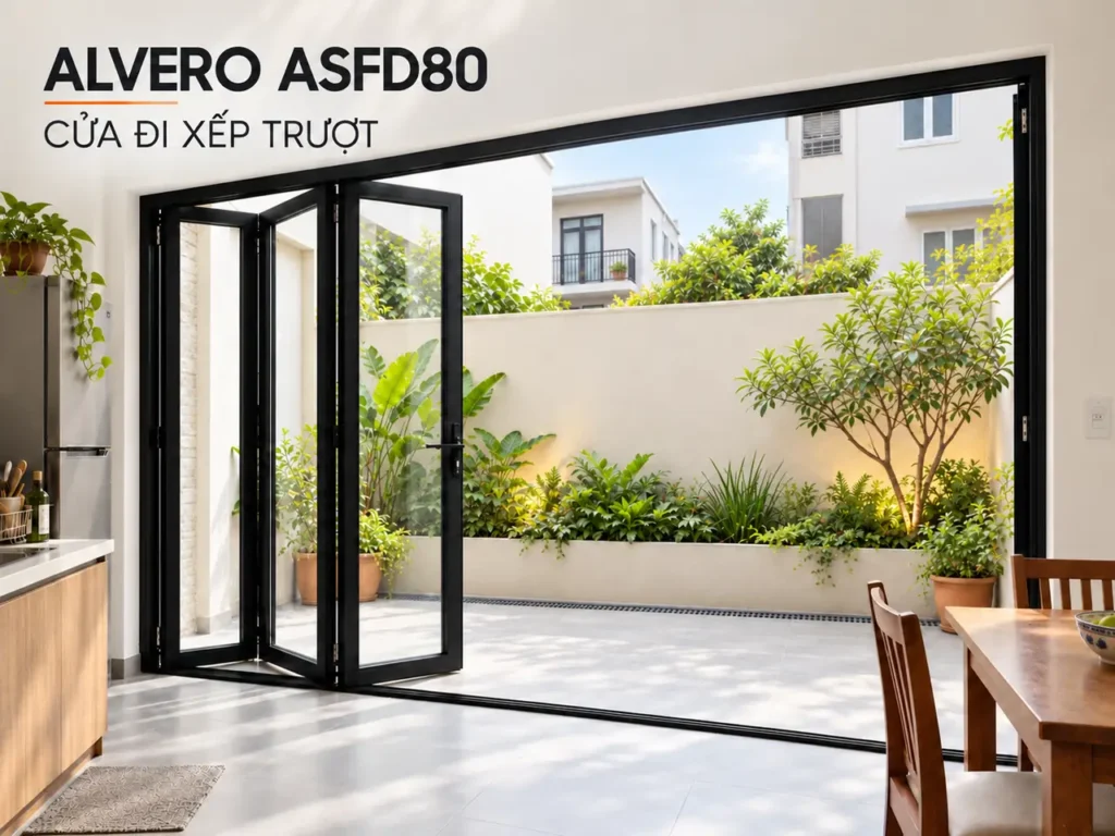 Tham khảo ảnh thực tế cửa nhôm Alvero ASFD80 nhìn ra không gian sân nhỏ